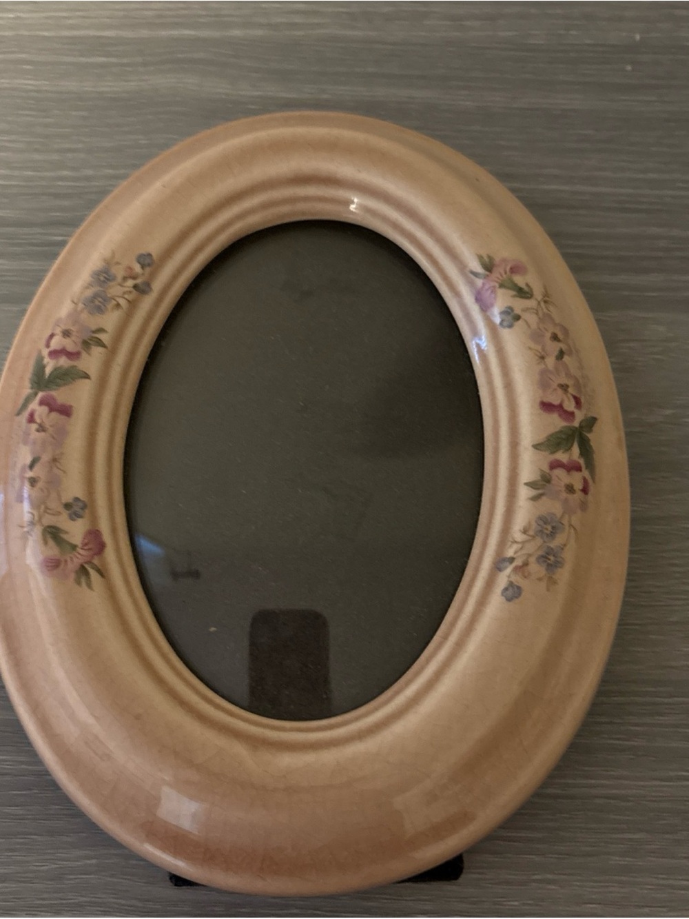 Vintage 70's Crackle Glazed Ceramic Country Flowers Photo Frame Oval 8x7